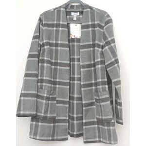 Denim & Co. Plaid Jacket Women's Size M Gray Pockets Collarless Long Sleeves NEW